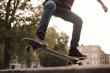 a skateboarder doing a trick on the edge of a concrete wall with trees in the back ground behind