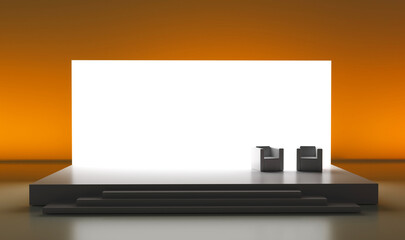 Empty stage design for mockup and corporate identity, display. Platform elements in hall. Blank screen system for graphic Resources. Scene event led night light staging. 3d rendering for online.