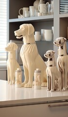 some dog figurines on a kitchen counter with cups and mugs in the shape of dogs sitting next to them