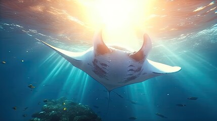 a manta ray swimming in the ocean with sunlight shining through it's back and its head above water - obrazy, fototapety, plakaty