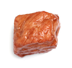Piece of delicious cooked beef isolated on white, above view. Tasty goulash