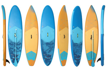 Collage with SUP boards with paddle isolated on white, different sides