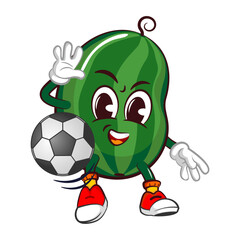 Vector mascot, cartoon and illustration of a cute watermelon fruit playing football with a foot ball