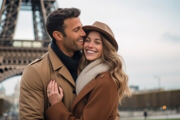 Couple in their 30s smiling at the Eiffel Tower in Paris France