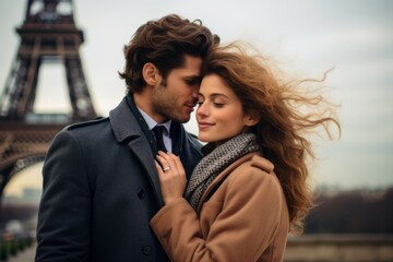 Couple in their 30s at the Eiffel Tower in Paris France