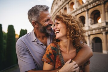 Couple in their 40s smiling at the Colosseum in Rome Italy