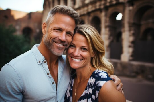 Couple in their 40s smiling at the Colosseum in Rome Italy