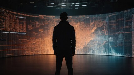 Silhouette of Person Confronting Cyber Threats on Giant Digital Screen
