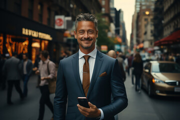 An adult businessman holding a phone against the background of a New York street, illustrating business on the go. Generative Ai.