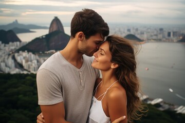 Couple in their 30s near the Christ the Redeemer in Rio de Janeiro Brazil