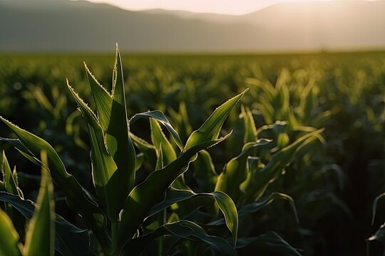 a corn field with the sun setting in the distance and mountains in the background, taken from an aerial view