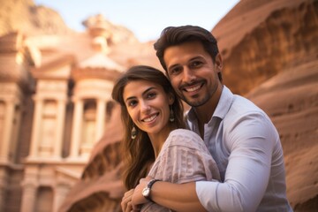 Couple in their 30s smiling at the Petra in Ma'an Jordan