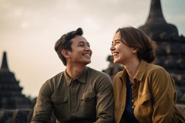 Couple in their 30s smiling at the Borobudur in Magelang Indonesia