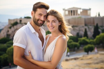 Couple in their 30s smiling in front of the Acropolis in Athens Greece