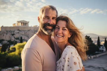 Couple in their 40s in front of the Acropolis in Athens Greece
