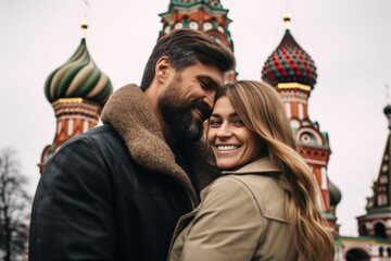 Couple in their 30s in front of the Saint Basil’s Cathedral in Moscow Russia