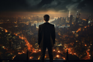 Fototapeta na wymiar A businessman in a suit and cape, standing heroically on a rooftop, contemplating a future business plan against a nighttime cityscape. Generative Ai.