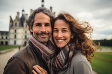 Couple in their 40s smiling at the Château de Chambord in Loir-et-Cher France