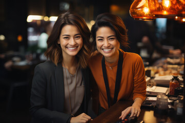 A female Asian translator working with a smiling businesswoman, facilitating communication and understanding. Generative Ai.