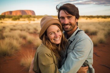 Couple in their 30s smiling near the Uluru (Ayers Rock) in Northern Territory Australia - Powered by Adobe