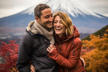 Couple in their 30s smiling at the Mount Fuji in Honshu Japan