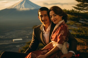 Couple in their 30s at the Mount Fuji in Honshu Japan