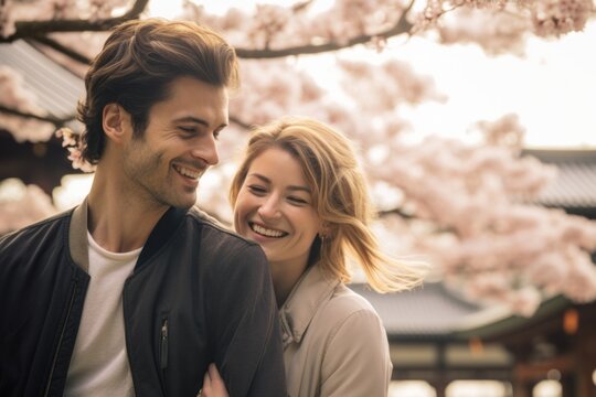 Couple in their 30s smiling at the Kyoto Temples in Kyoto Japan