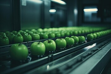 green apples on a convey in an apple processing facility, taken from the side to the top right and bottom left - Powered by Adobe