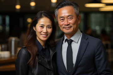Happy professional mature asian man with a woman by his side. Business and private relations concept. Generative Ai.