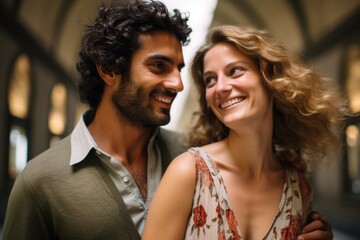 Couple in their 30s smiling at the Uffizi Gallery in Florence Italy