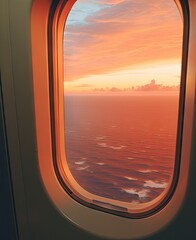 an airplane window with the sun setting over the ocean and clouds in the sky, as seen from inside it