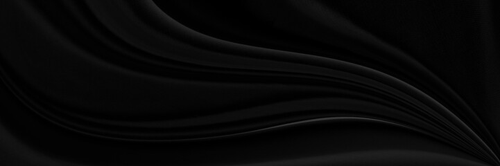 Black gray satin dark fabric texture luxurious shiny that is abstract silk cloth panorama background with patterns soft waves blur beautiful.