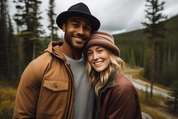 Fototapeta premium Couple in their 30s smiling at the Banff National Park in Alberta Canada