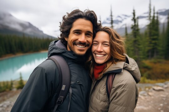 Couple in their 30s smiling at the Banff National Park in Alberta Canada