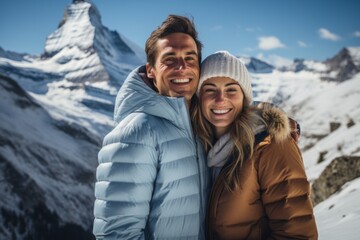 Couple in their 30s smiling at the Matterhorn in Valais Switzerland