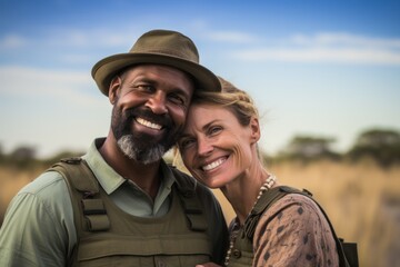 Fototapeta premium Couple in their 40s smiling at the Okavango Delta in Botswana