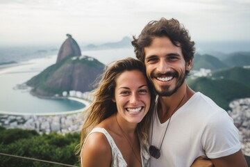 Couple in their 30s smiling at the Christ the Redeemer in Rio de Janeiro Brazil