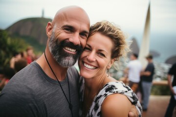 Couple in their 40s at the Christ the Redeemer in Rio de Janeiro Brazil