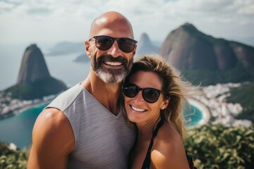 Couple in their 40s at the Christ the Redeemer in Rio de Janeiro Brazil