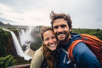 Couple in their 30s smiling at the Iguazu Falls Argentina-Brazil Border
