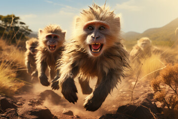 Baboons playing in natural habitat, concept of peeping nature and natural animal behavior. Generative Ai.