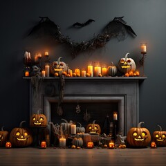 halloween decorations in front of a fireplace with bats and pumpkins on the mantle, all lit up by candles