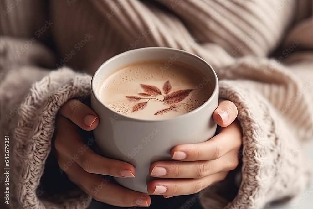 Wall mural a woman holding a cup of hot chocolate latte in her hands, with a leaf drawn on the foam