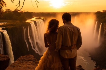 Romantic couple in their 40s at the Victoria Falls Zambia/Zimbabwe Border in sunset