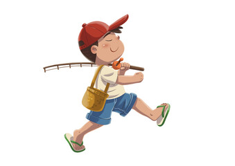 A boy ready to fishing, children book illustration