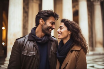 Couple in their 30s smiling at the Pantheon in Rome Italy