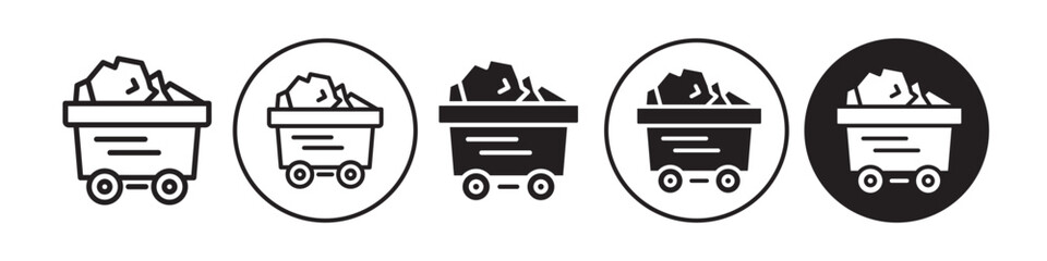 Coal icon. Industrial charcoal or fossil fuel mining symbol. Trolley with natural metal to produce electricity power generation vector set. Flat outline of Mine wagon raw material rock stone piece.  © Krupal
