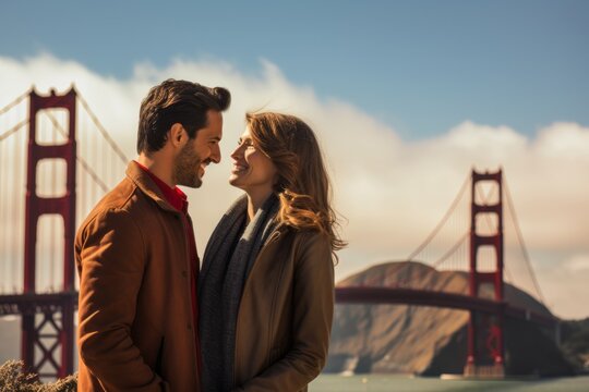 Couple in their 30s at the Golden Gate Bridge in San Francisco USA