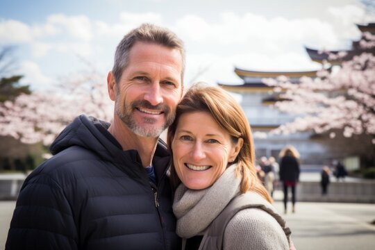 Couple in their 40s at the Hiroshima Peace Memorial in Hiroshima Japan