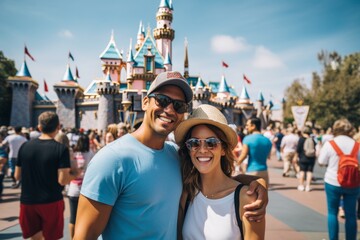 Couple in their 30s smiling at the Disneyland in California USA - obrazy, fototapety, plakaty